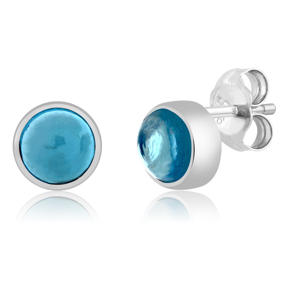 2.00 Ct Swiss Blue Topaz Gemstone Round Cabs 925 Sterling Silver Stud Earrings