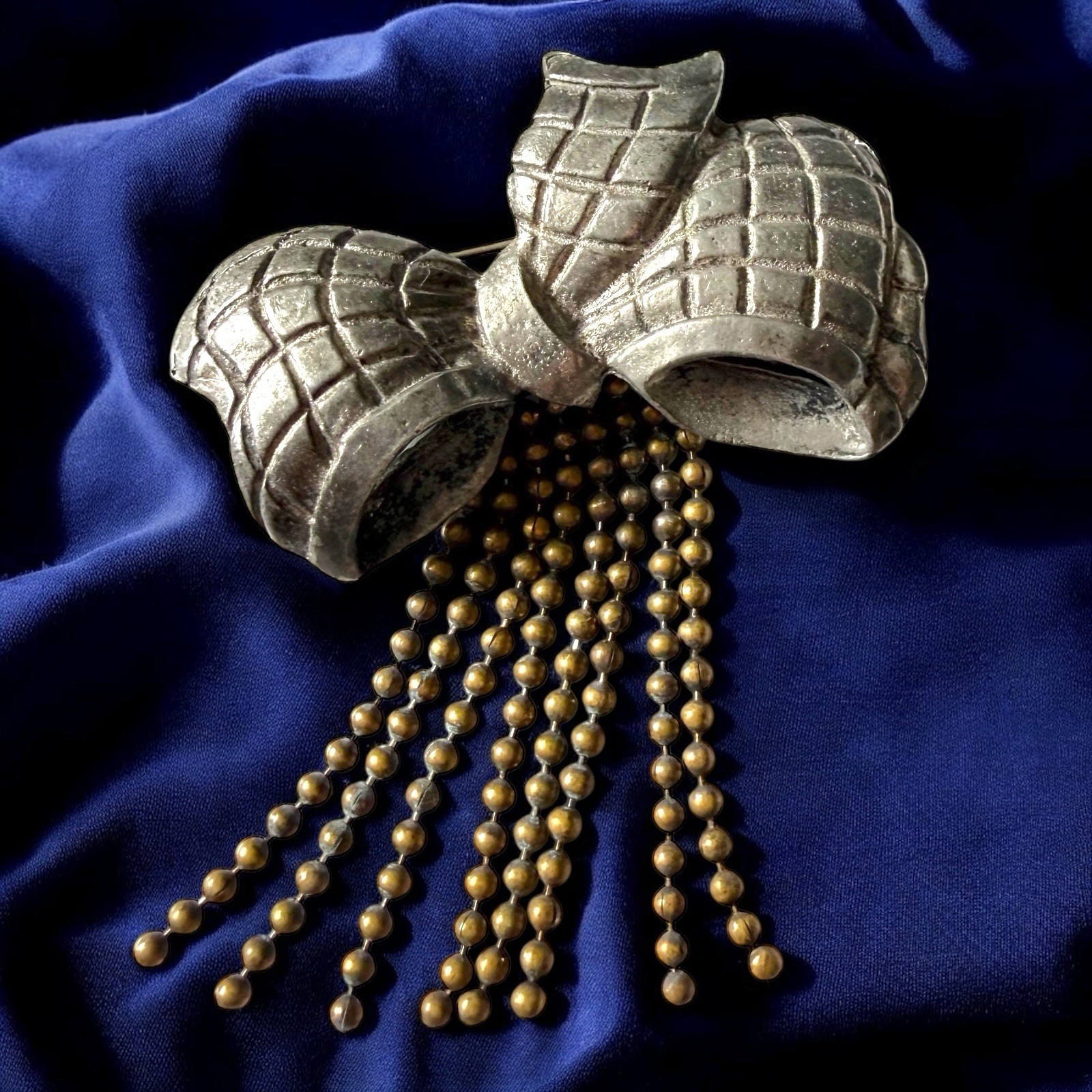 1940s Pot Metal Brooch Bow Dangle Beads Signed Silverman Irving NY Rare