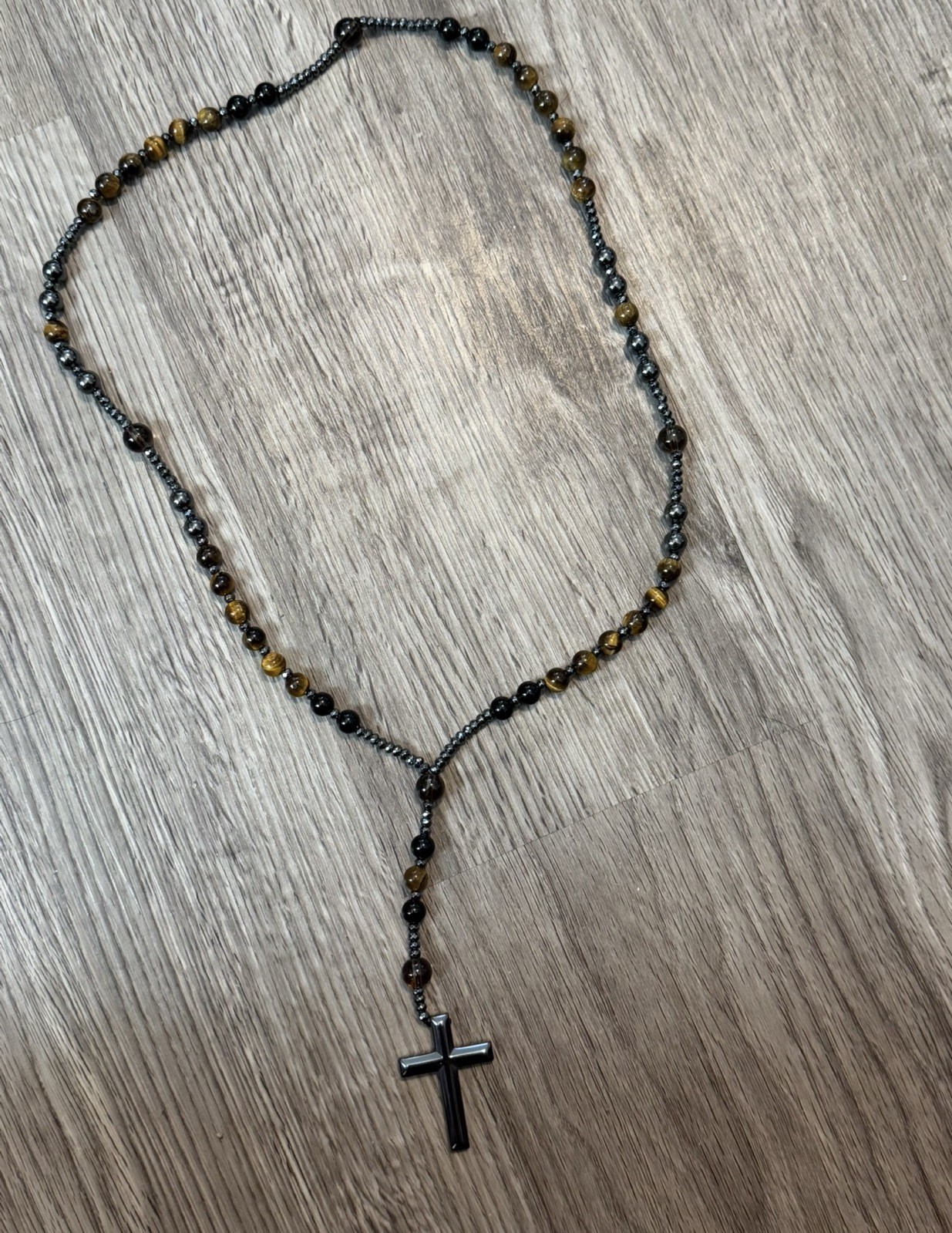 Natural Obsidian Tiger’s Eye Stone Beaded Necklace Hematite Cross Pendant