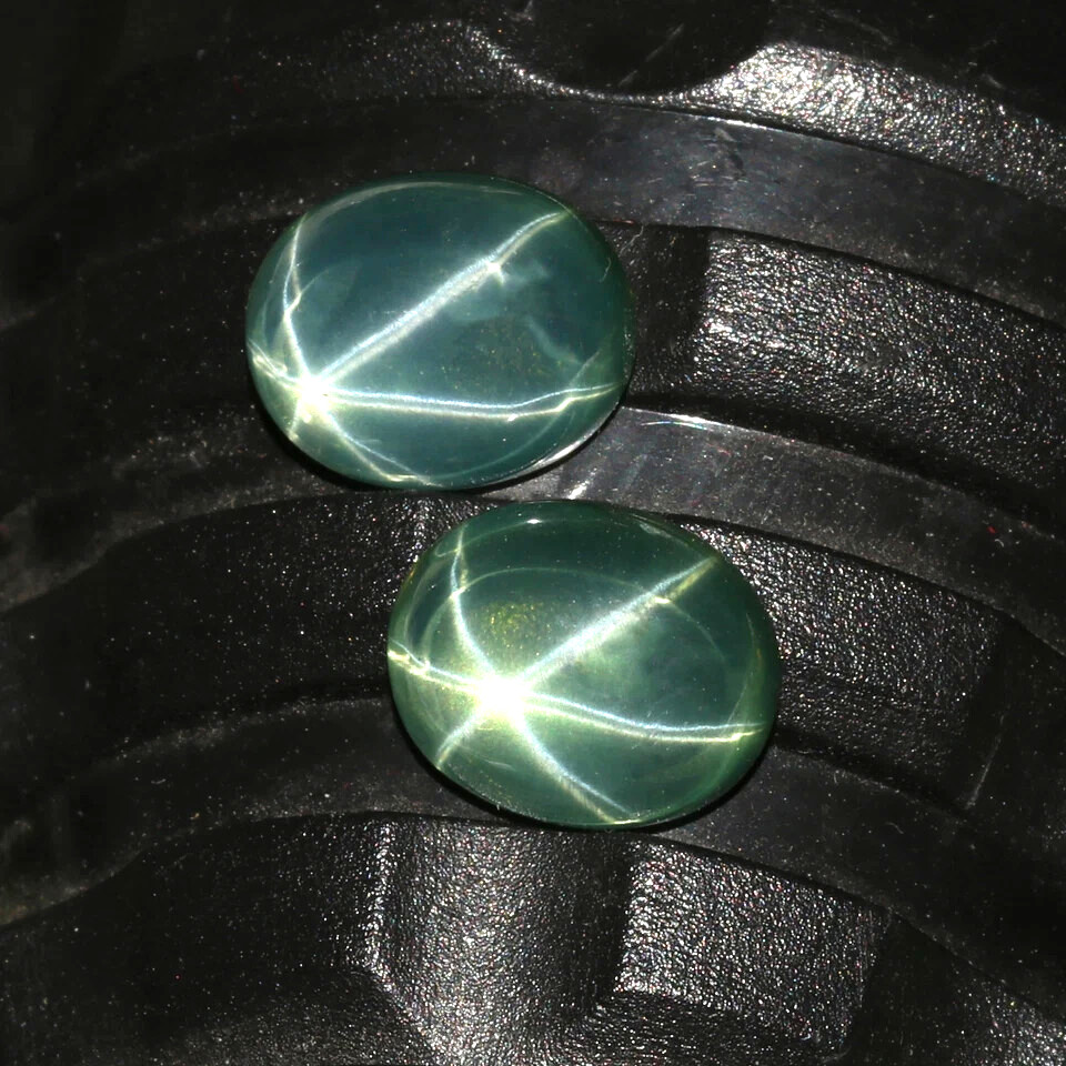 Natural Genuine 6 Rays Green Star Sapphire 17.70 Ct. Oval Shape Loose Gems Pair