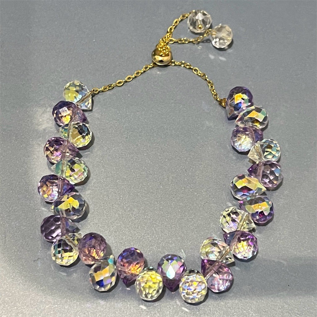 Adjustable Slider Glass Bracelet Purple Faceted Crystal Teardrop Gift Evening