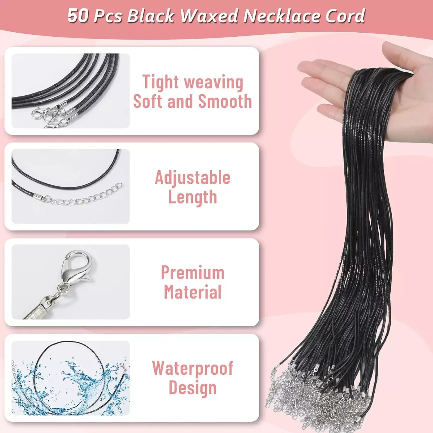 Black Necklace Cord with Clasp Lot 50pcs 24 Inch Black Waxed Cotton String Ropes