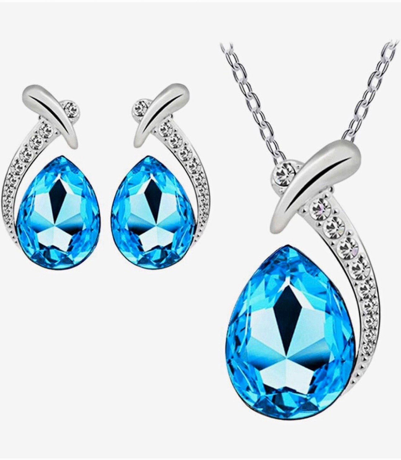 Crystal Teardrop Pendant Necklace & Stud Earrings Set, Silver Plated Light Blue