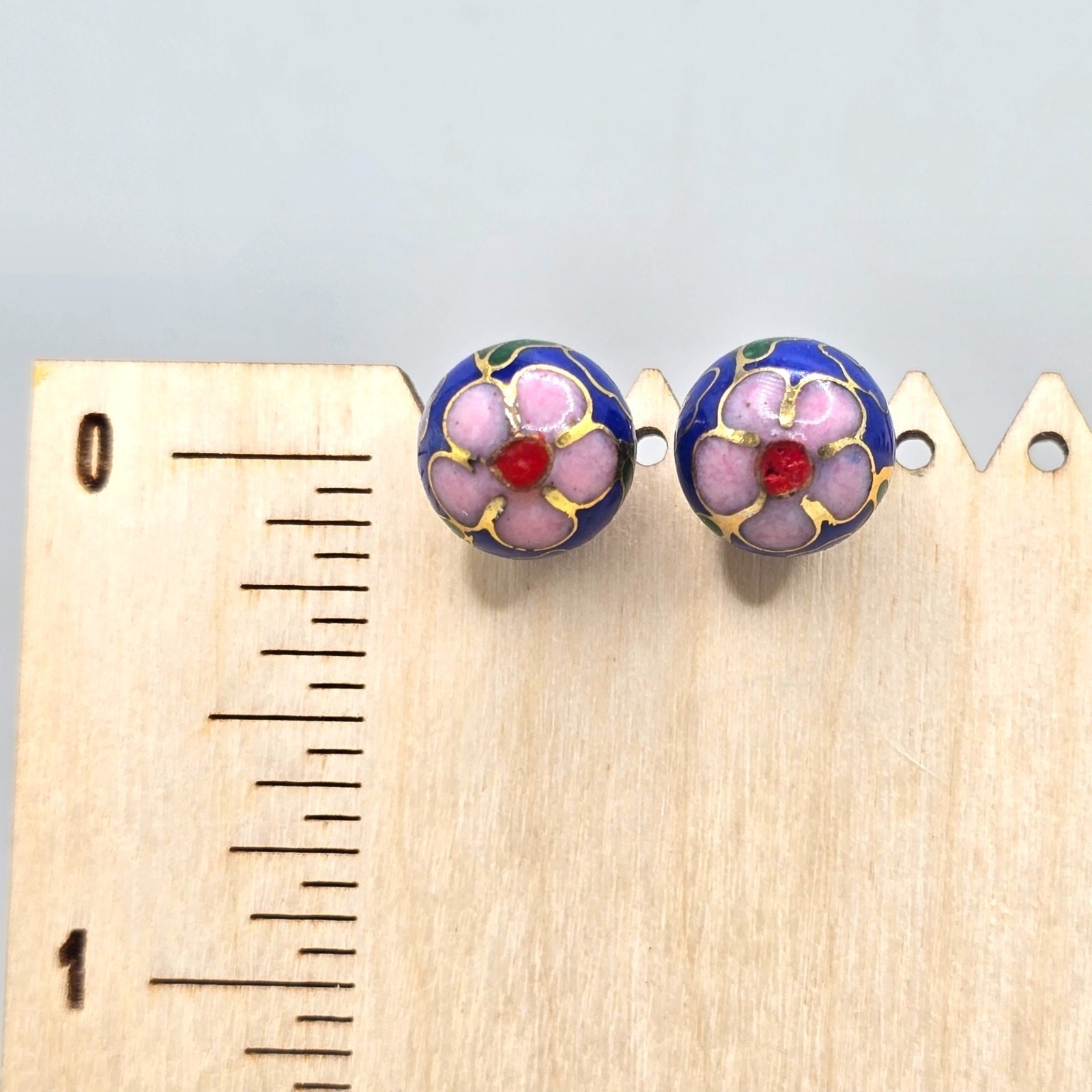 Vintage Earrings Cloisonne Ball Blue Pink Floral Enamel Pierced 70s Style SK3505