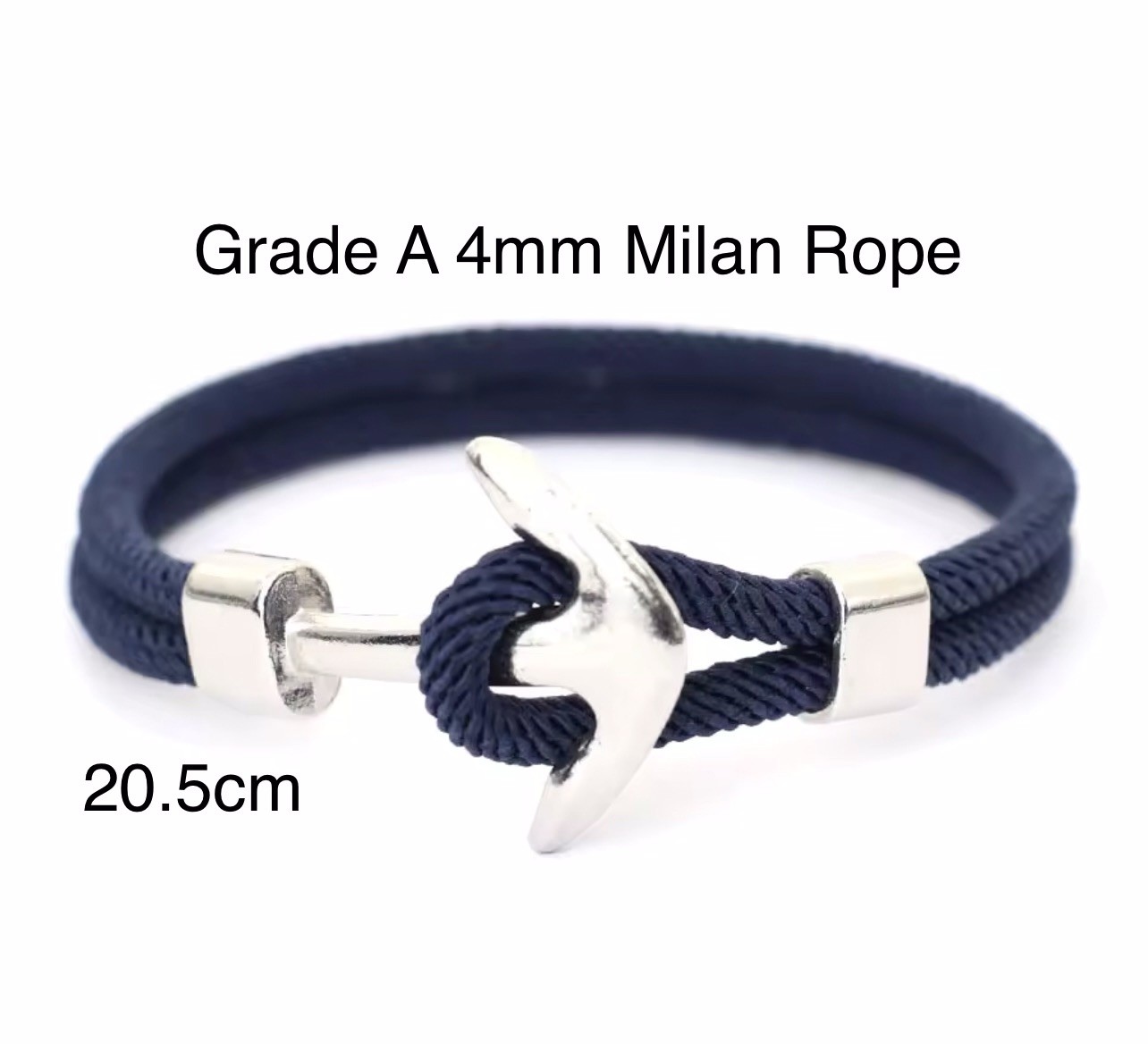 Men’s navy blue rope bracelet with anchor dangle charm, 20.5 cm