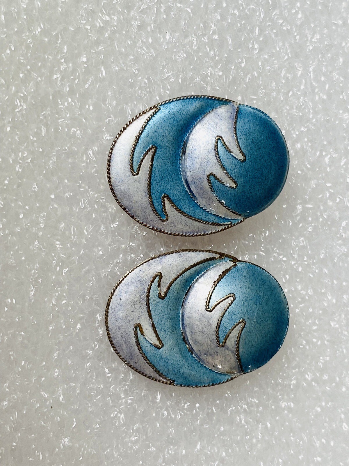 Vintage Chinese Export Gilt Sterling Silver Enamel Blue Waves Oval Earrings