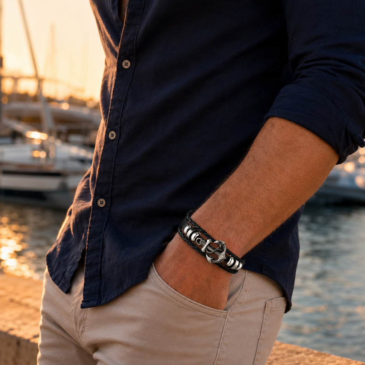 Men’s Black Layered Leather Bracelet Silver Anchor Nautical Vintage Style
