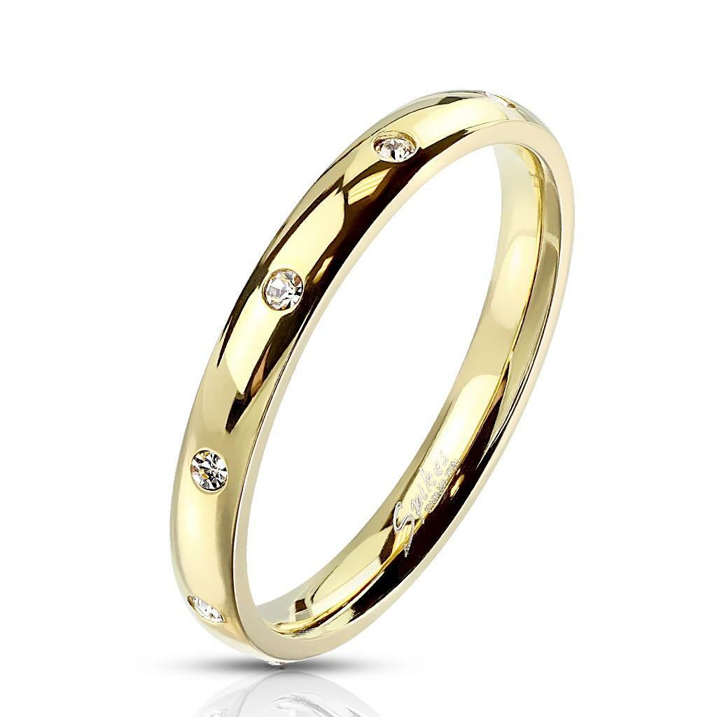 Stainless Steel CZ Eternity Anniversary Ring Wedding Band Silver Gold Rainbow