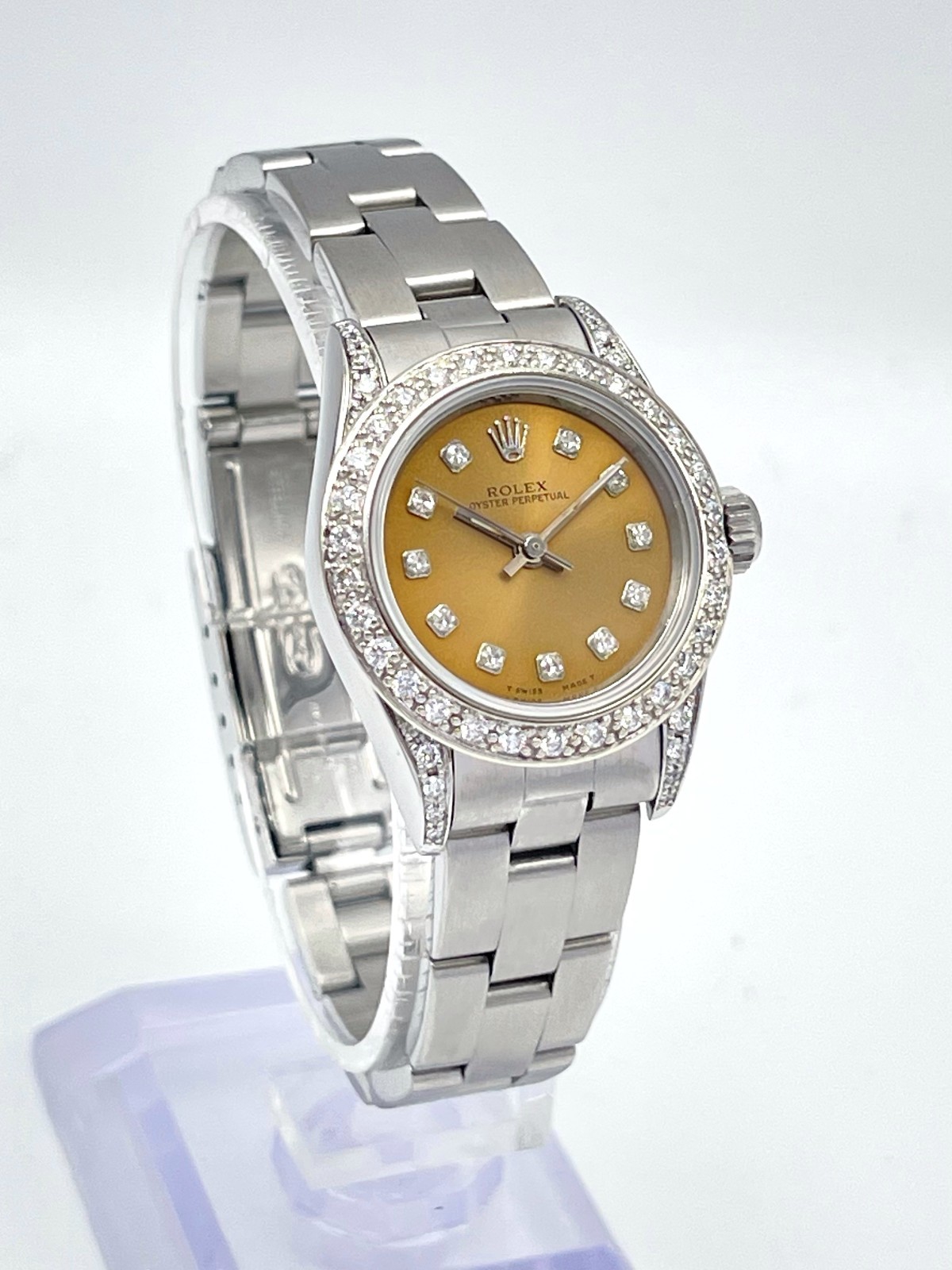 Rolex Oyster Perpetual 67180 24mm Salmon Dial Diamond Bezel Diamond Lugs Box