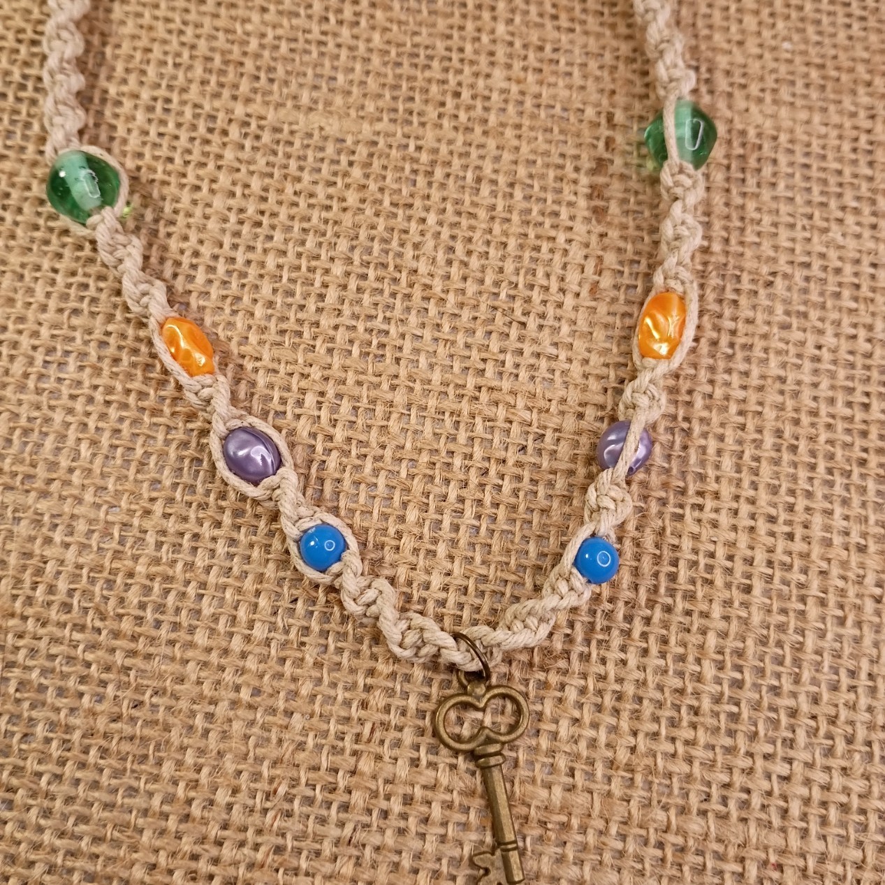 New Natural Hemp Necklace W/ Key Charm & Mixed Beads 16-20 in Macrame, Handmade