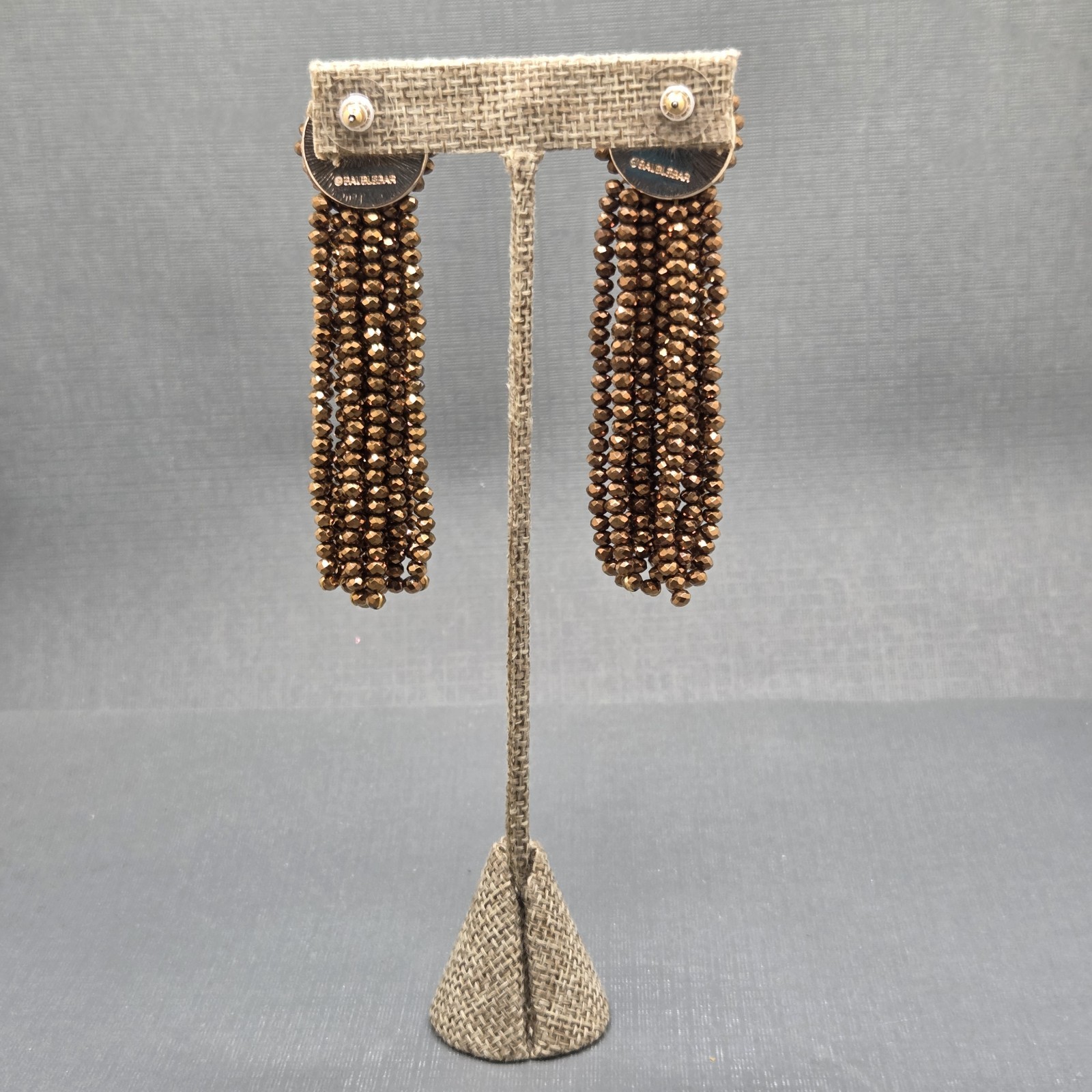 Signed BaubleBar bronz Metallic Beaded Tassel Post Earrings 3.5 Inches Long