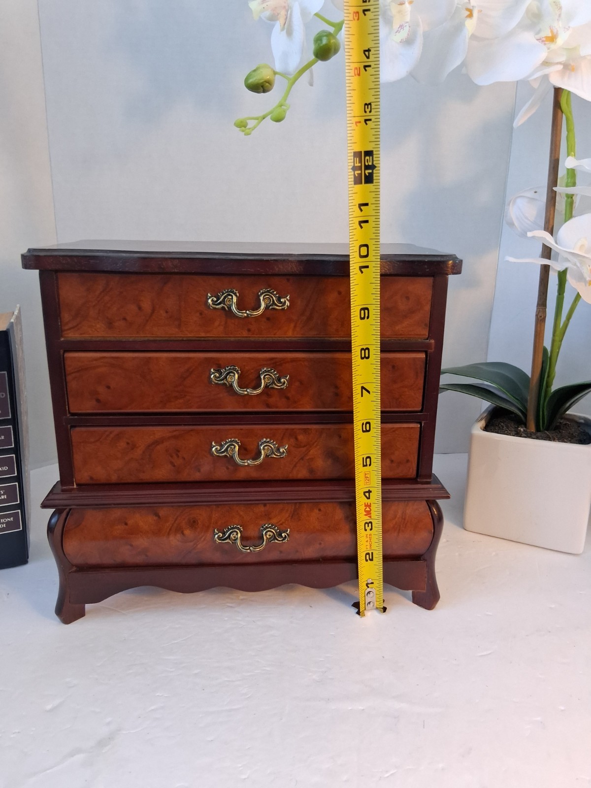 VTG ’90s “Powell” Wood Jewelry Bombe Chest; 4 Drawer Bombe Cabinet Burled Wood