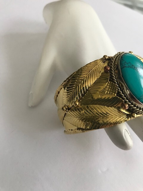 Blue Turquoise Cuff Bracelet 2-Tone Metal Leaf Pattern Cuff Stunning Piece