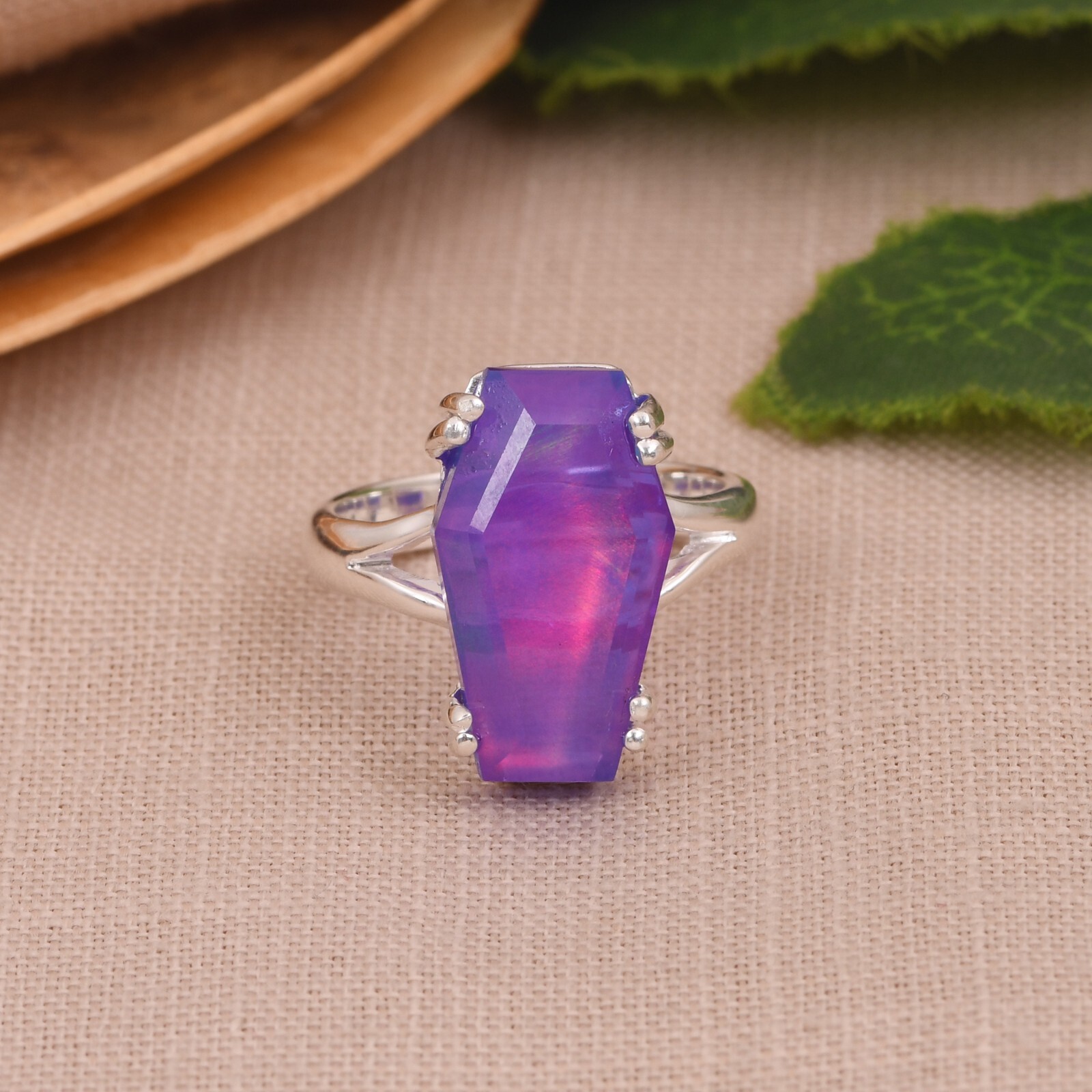 Nebula Opal Coffin Shape Engagement Ring 925 Sterling Silver Gift For Love
