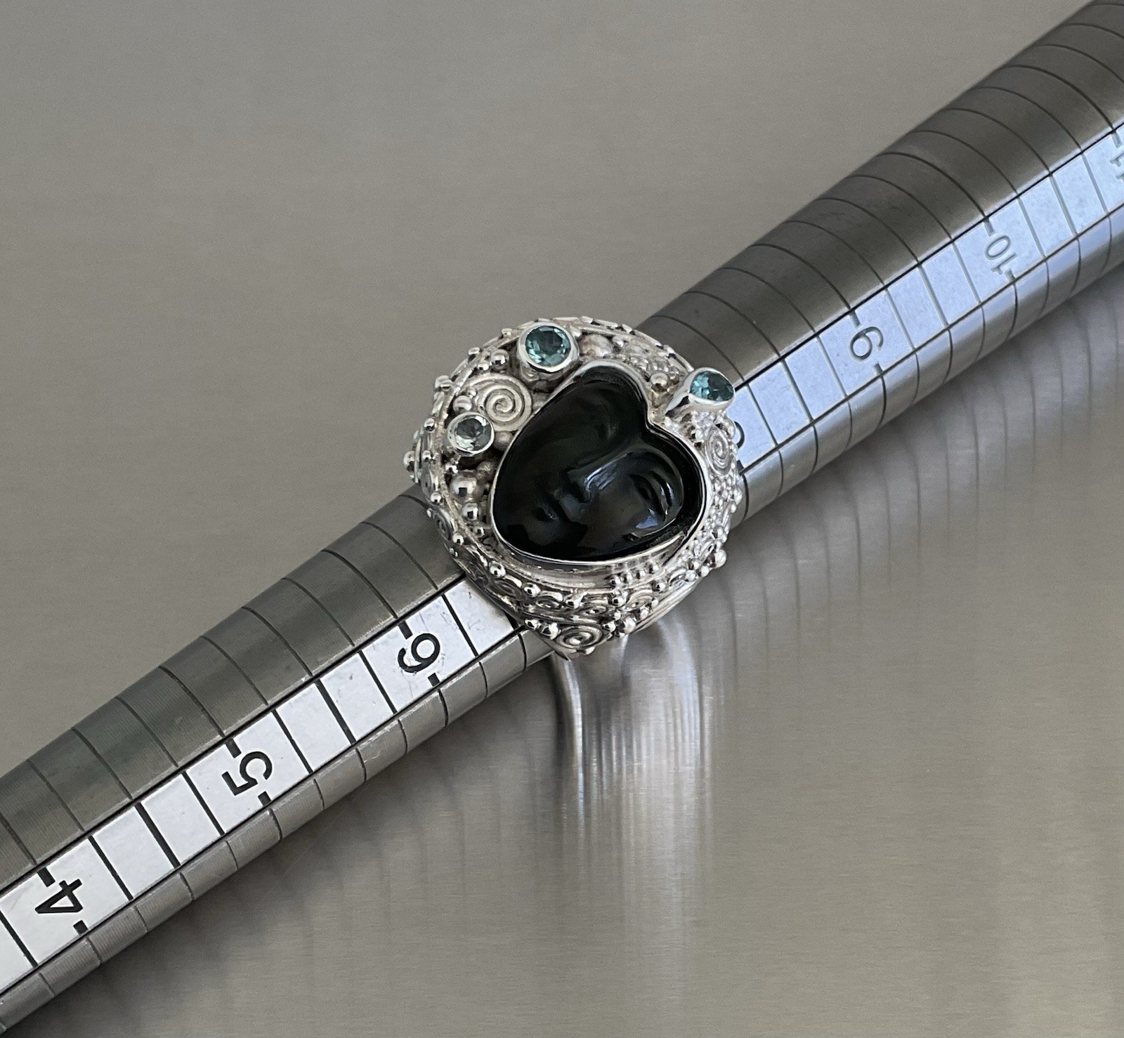 Sajen Carved Obsidian Goddess Face & Blue Topaz Ring 925 Sterling Silver Size 7