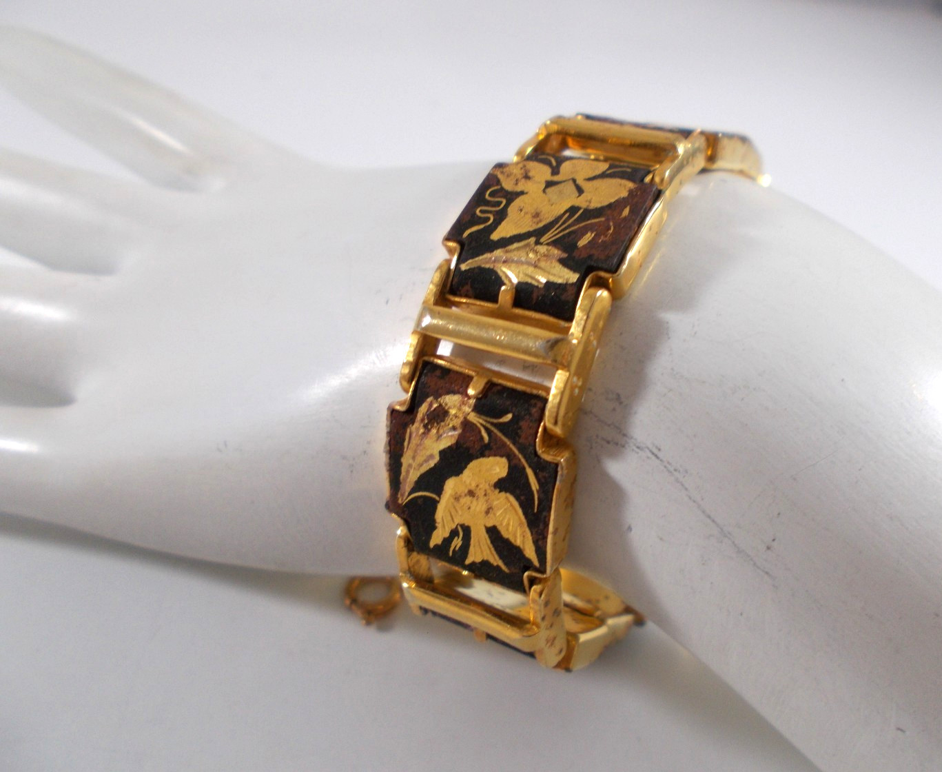 Damascene Style Panel Bracelet Bird Butterfly Flower Design with Safety Chain