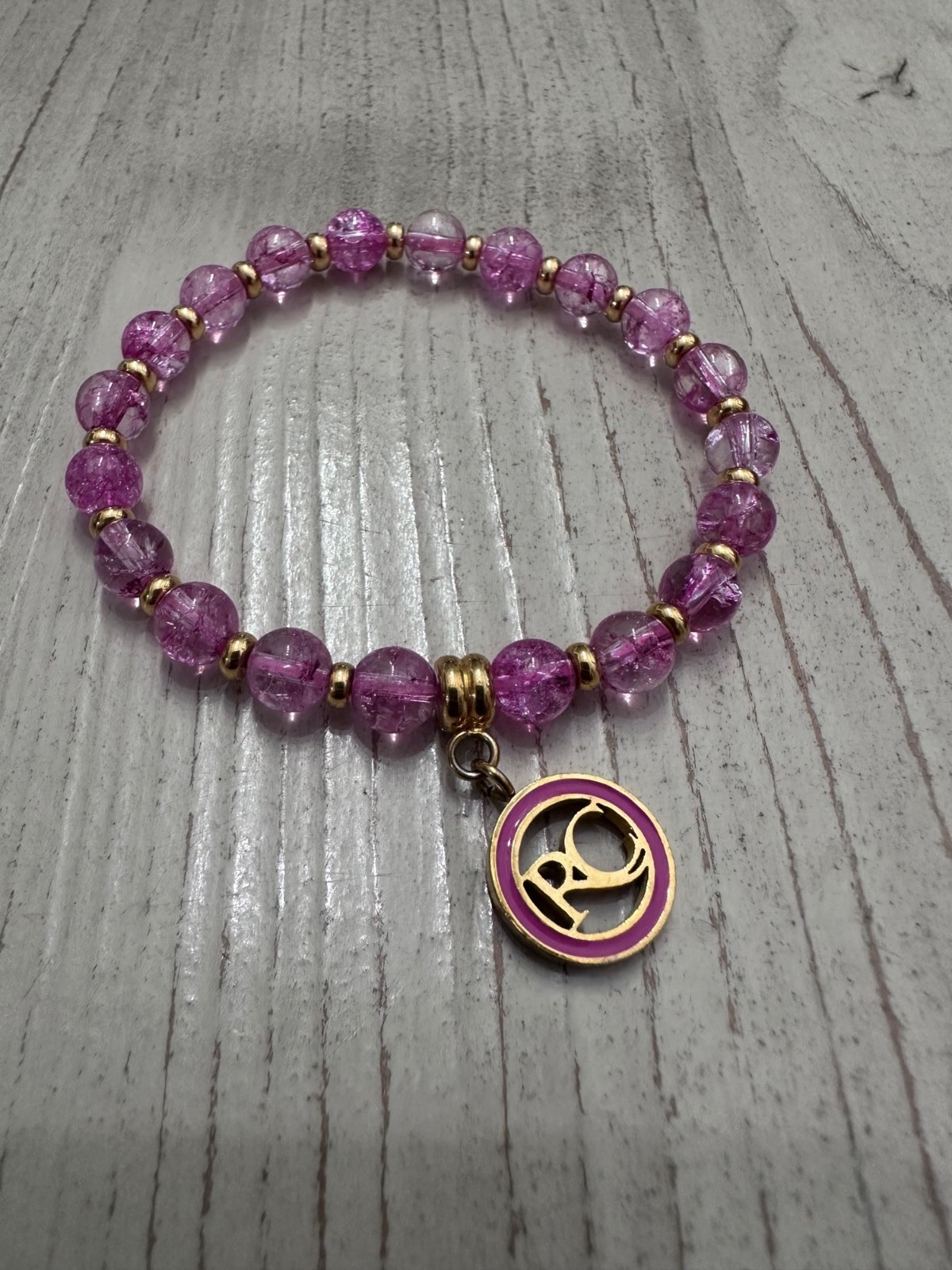 Rustic Cuff Pink Purple Beaded Stretch Bracelet Goldtone Pink Charm