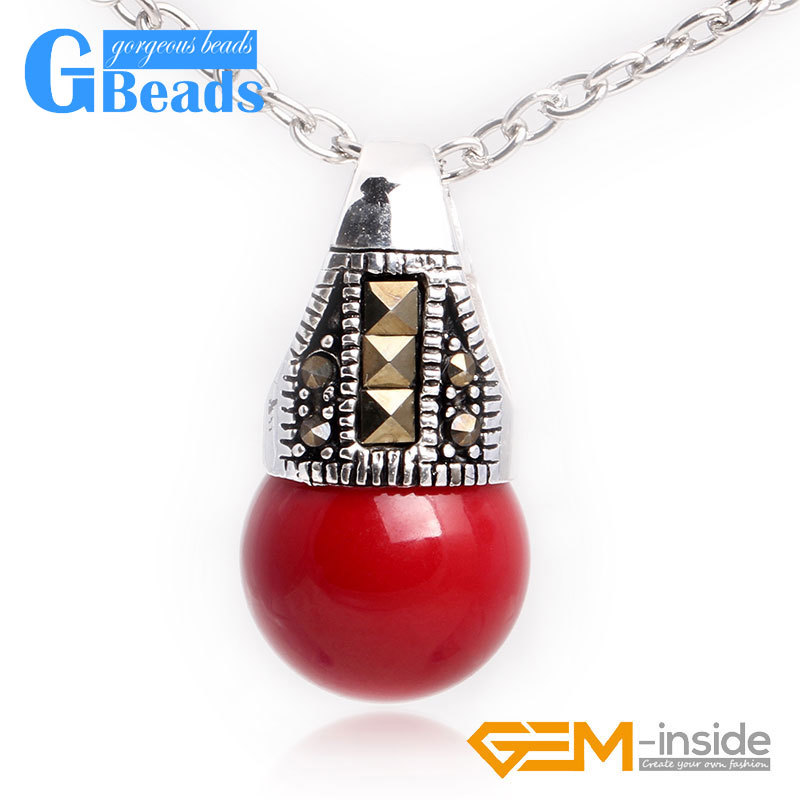 12mm round beads Marcasite silver pendant 12x24mm FREE gift box + necklace chain