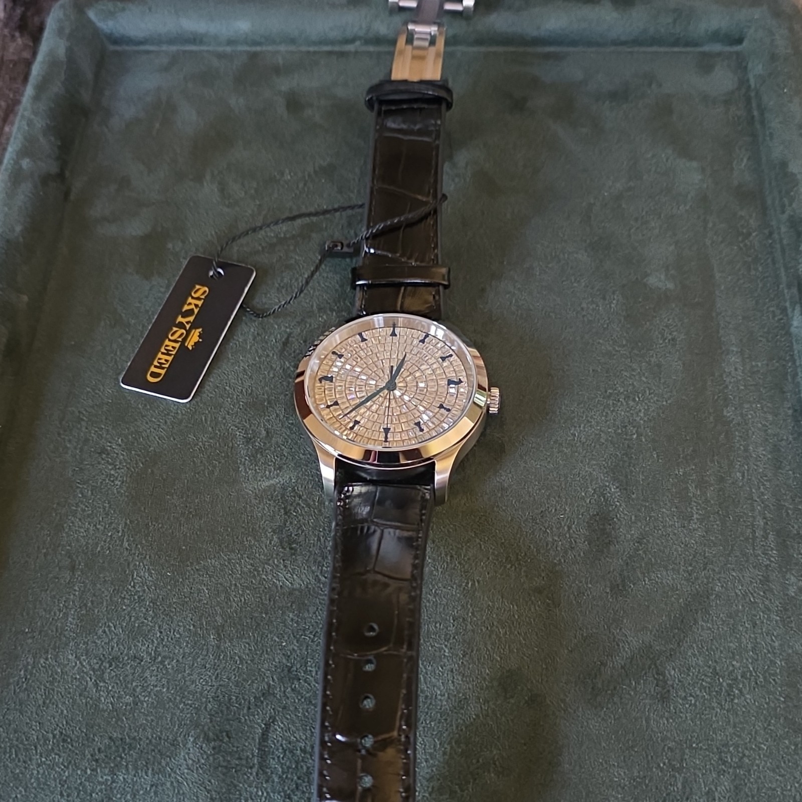 SKYSEED Diamond Pattern Silver Dial Automatic Men’s Luxury Watch Black Leather