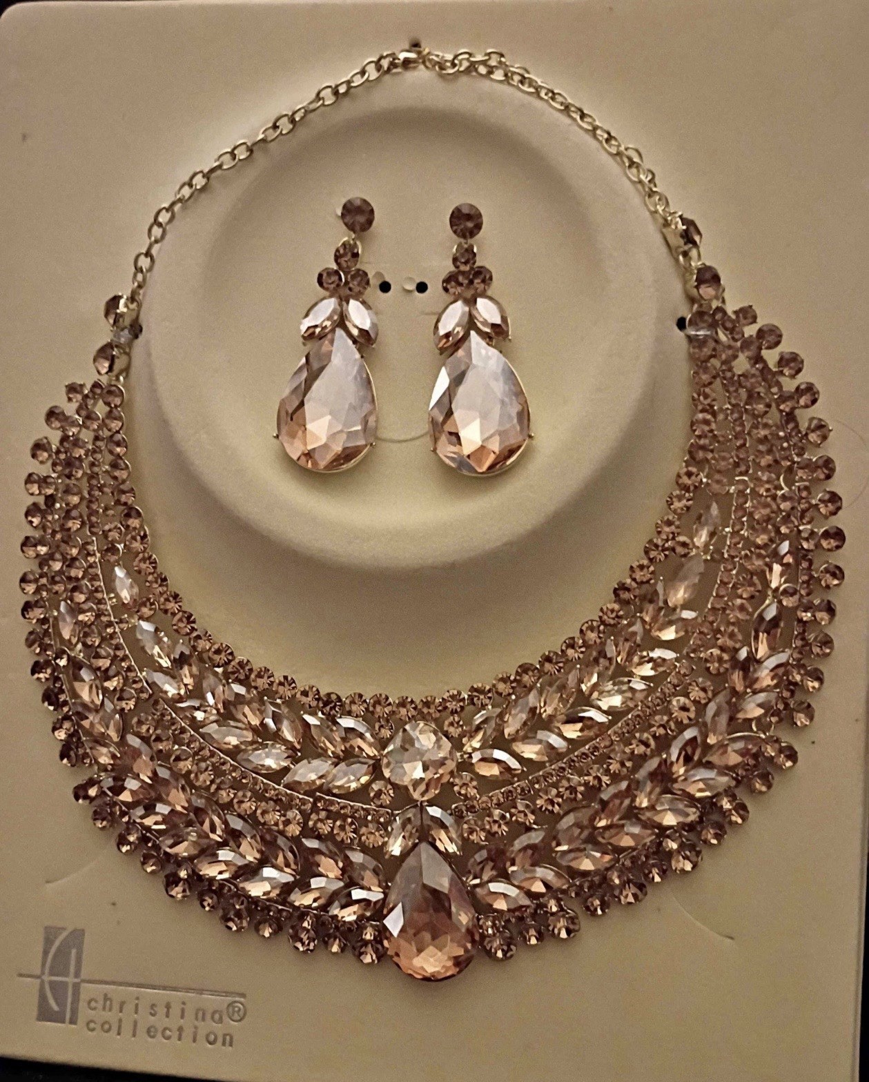 Christina Collection Pink Teardrop Crystal Necklace & Earrings Set Signed