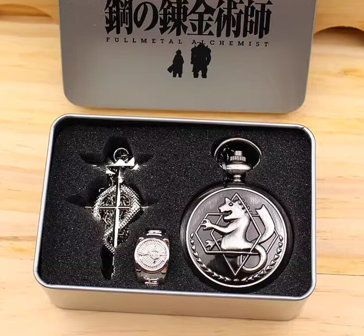 Anime Fullmetal Alchemist Edward Elric Snake Ring Necklace Pocket Watch 3pcs Set