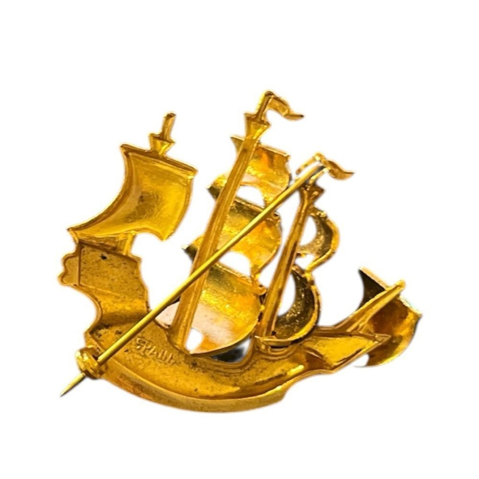 Vintage Damascene Brooch Pirate Ship Spanish Galleon Gold Tone Made in Spain