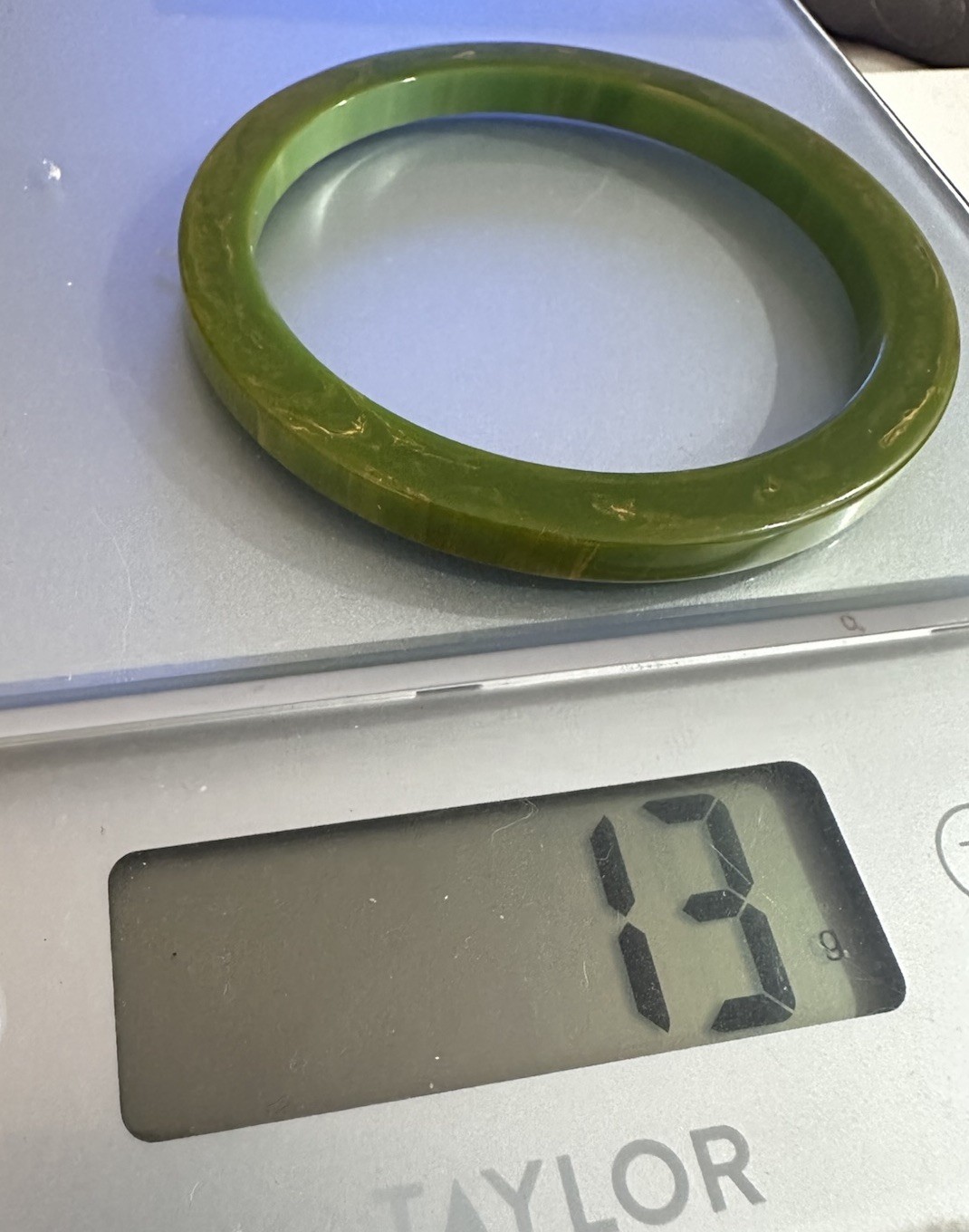 Light egg yolk, moss & spinach green Bakelite bracelet; tested