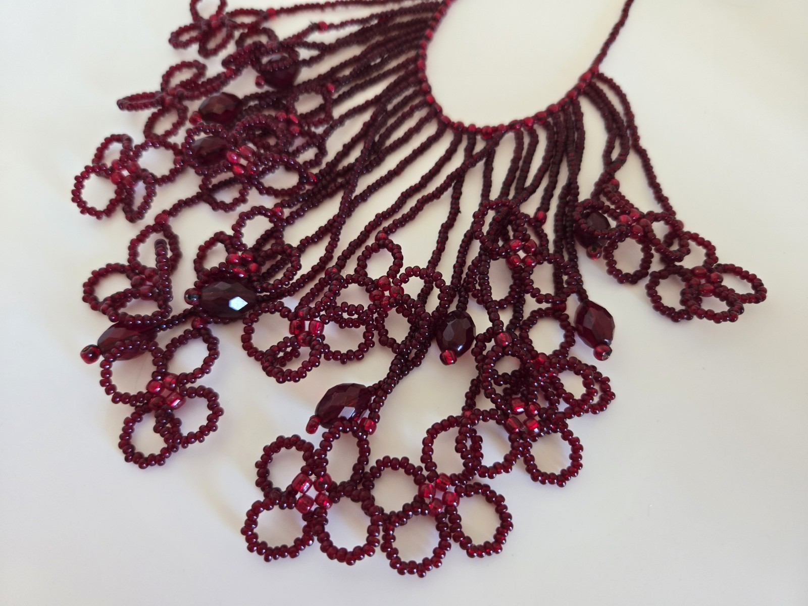 Artisan Hand Beaded Red Seed Bead Waterfall Fringe Flowers Statement Necklace