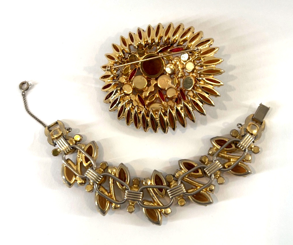 JULIANA D&E Amber Navettes, ABs, Art Glass 2-PC Set Bracelet Brooch