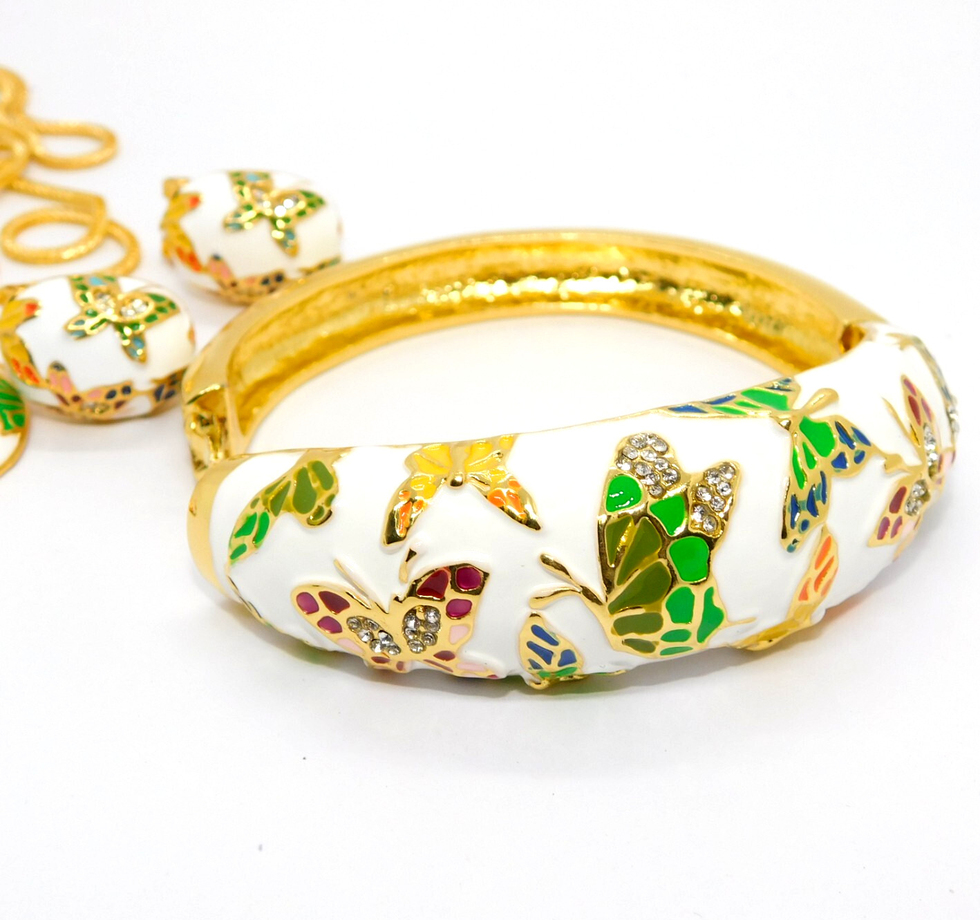 Colorful Butterfly Pendant Necklace and Earrings Set Gold Plated Enamel Jewelry
