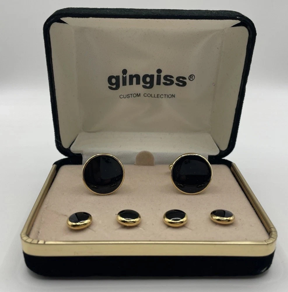 Vintage Gingiss Cufflinks and Shirt stud set Black Round Gold Tone – New in Box