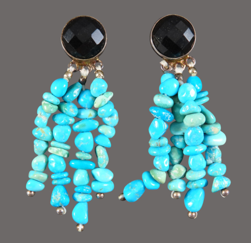 STERLING SILVER Dangle Fringe Earrings BLUE TURQUOISE BEADED Black Faceted Top