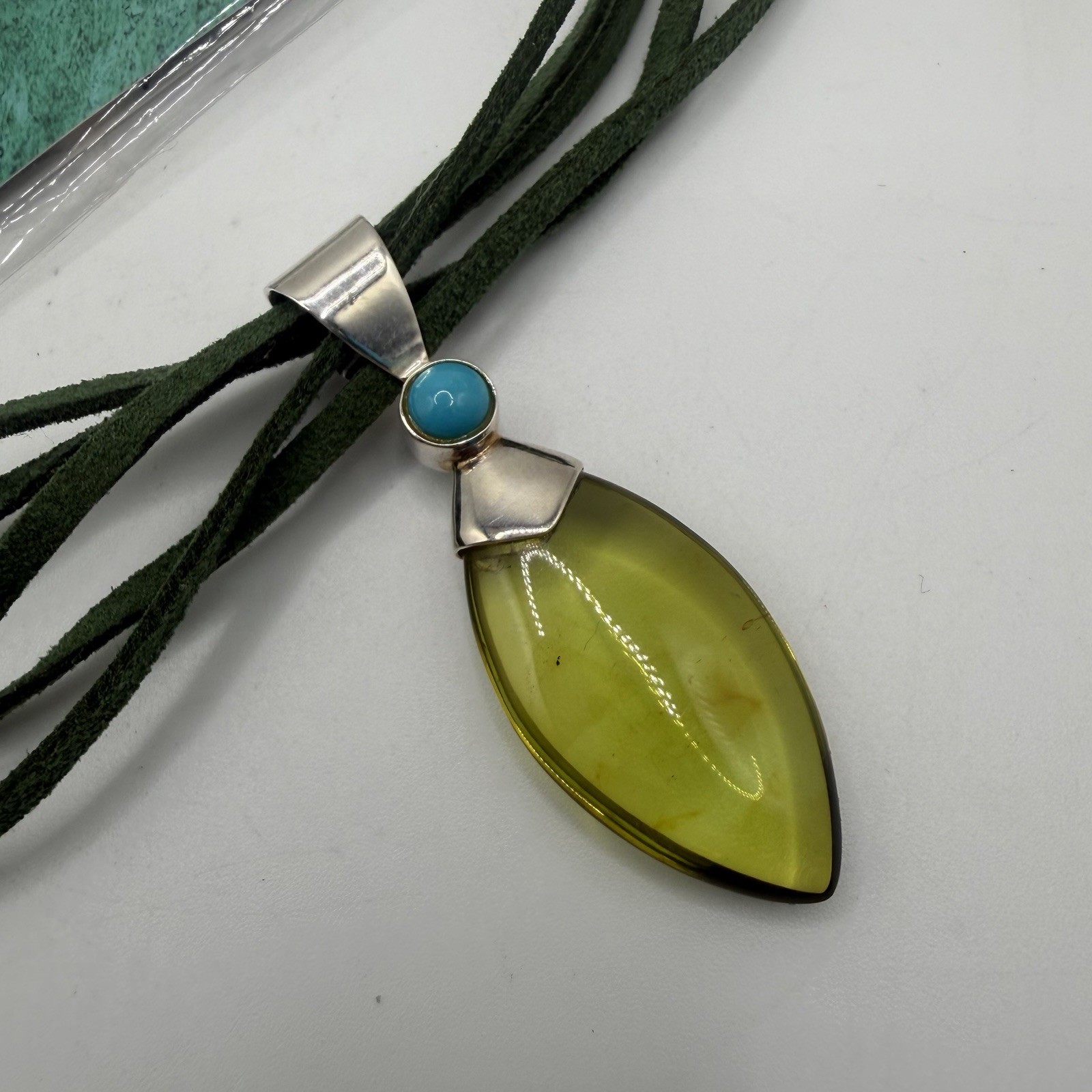 Jay King 925 Green Amber Turquoise Pendant On Green 5 Strand Leather Necklace