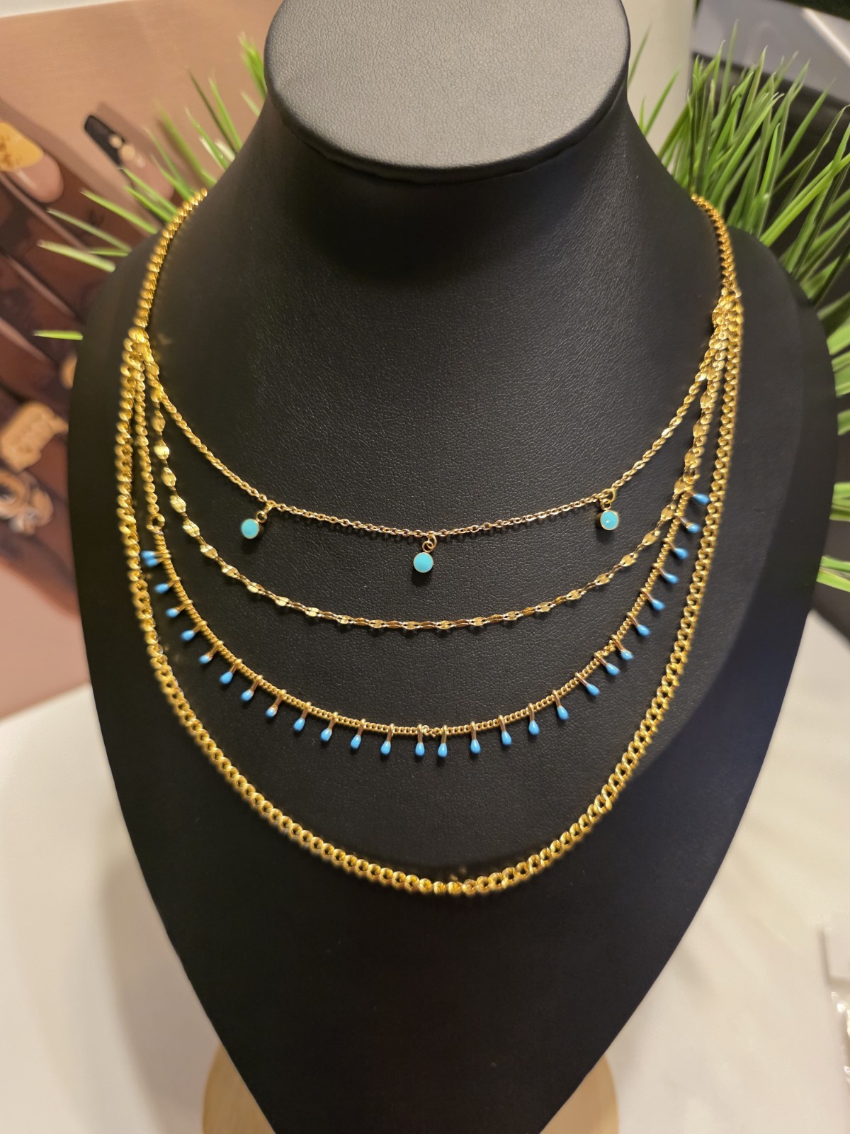 Gold Tone Layered Cable Chain Necklace with Blue Accents, Lobster Closure