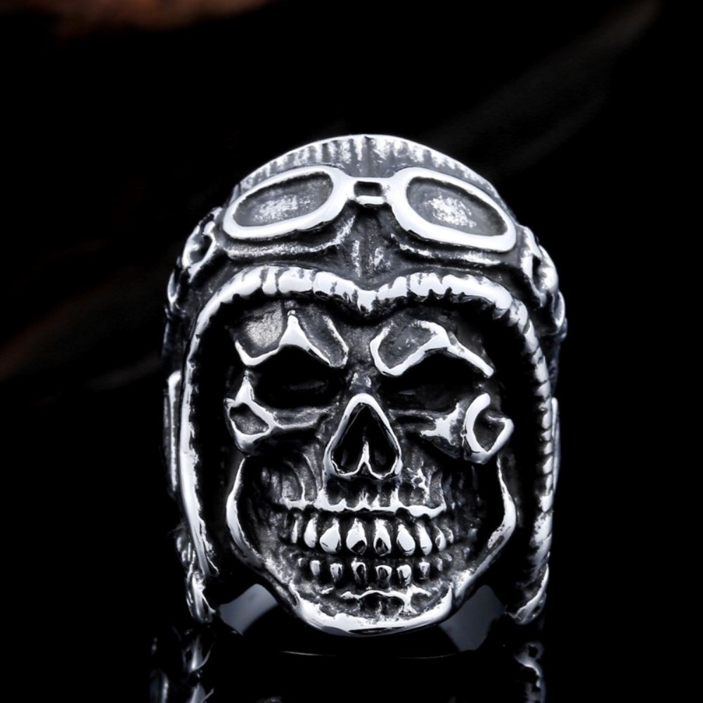 Stainless Steel Men’s Detailed Aviator Skull Biker Ring Size 9-13
