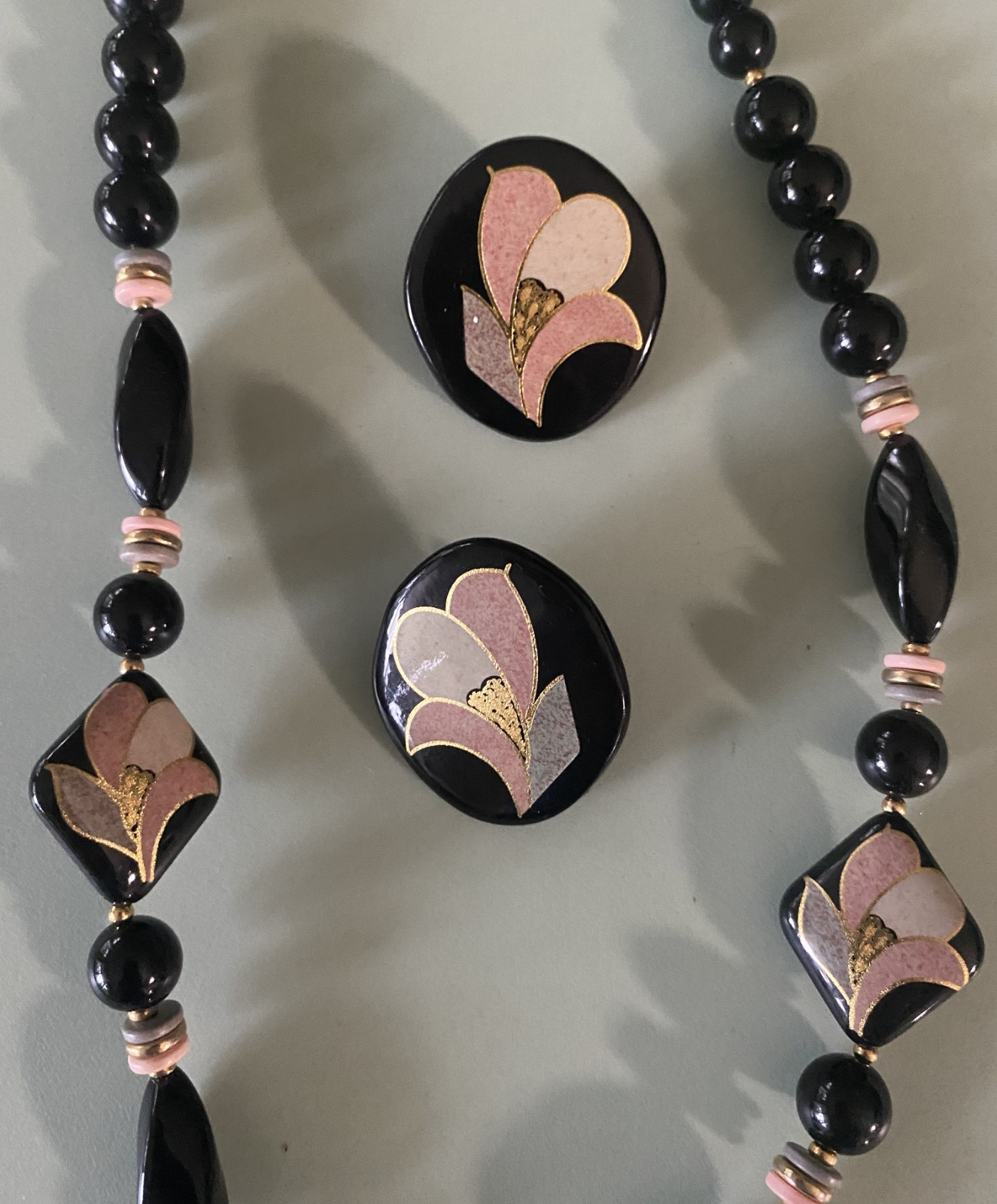 Vintage Enamel Ceramic Clay? Floral Beaded Necklace & Earrings SET Retro