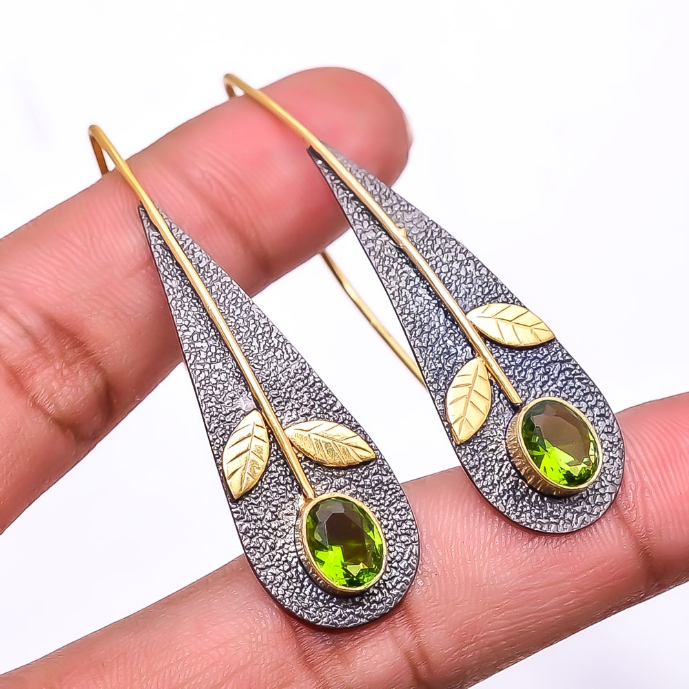 Peridot Gemstone 925 Silver Black & Gold Rhodium Plated Earring 2.15″ E29