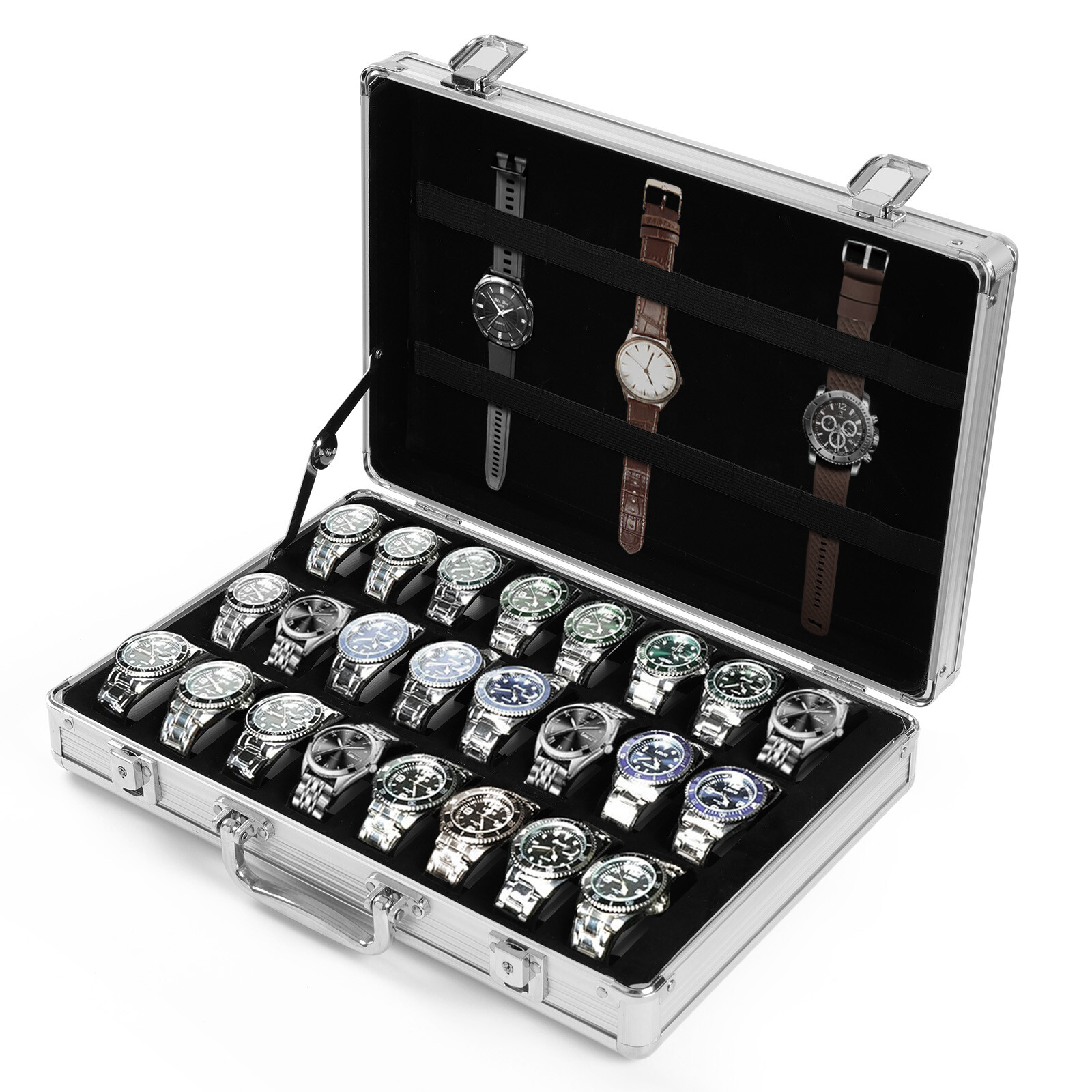 24+8 Slots Aluminum Watch Case Lockable Storage Box Jewelry Display Suitcase