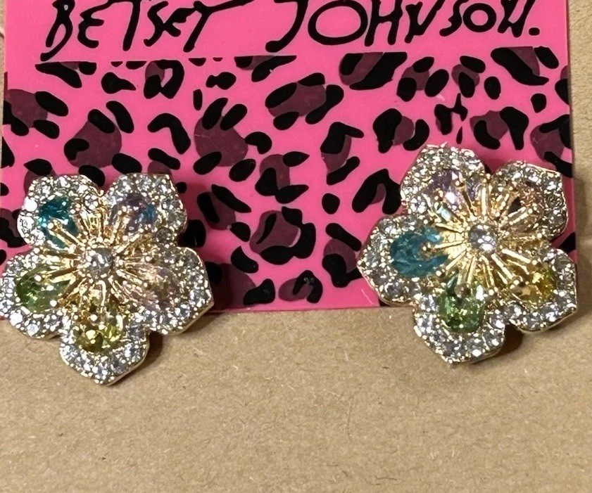 Multicolor FLOWER Rhinestone Golden Floral BLOSSOM Betsey Johnson Earrings