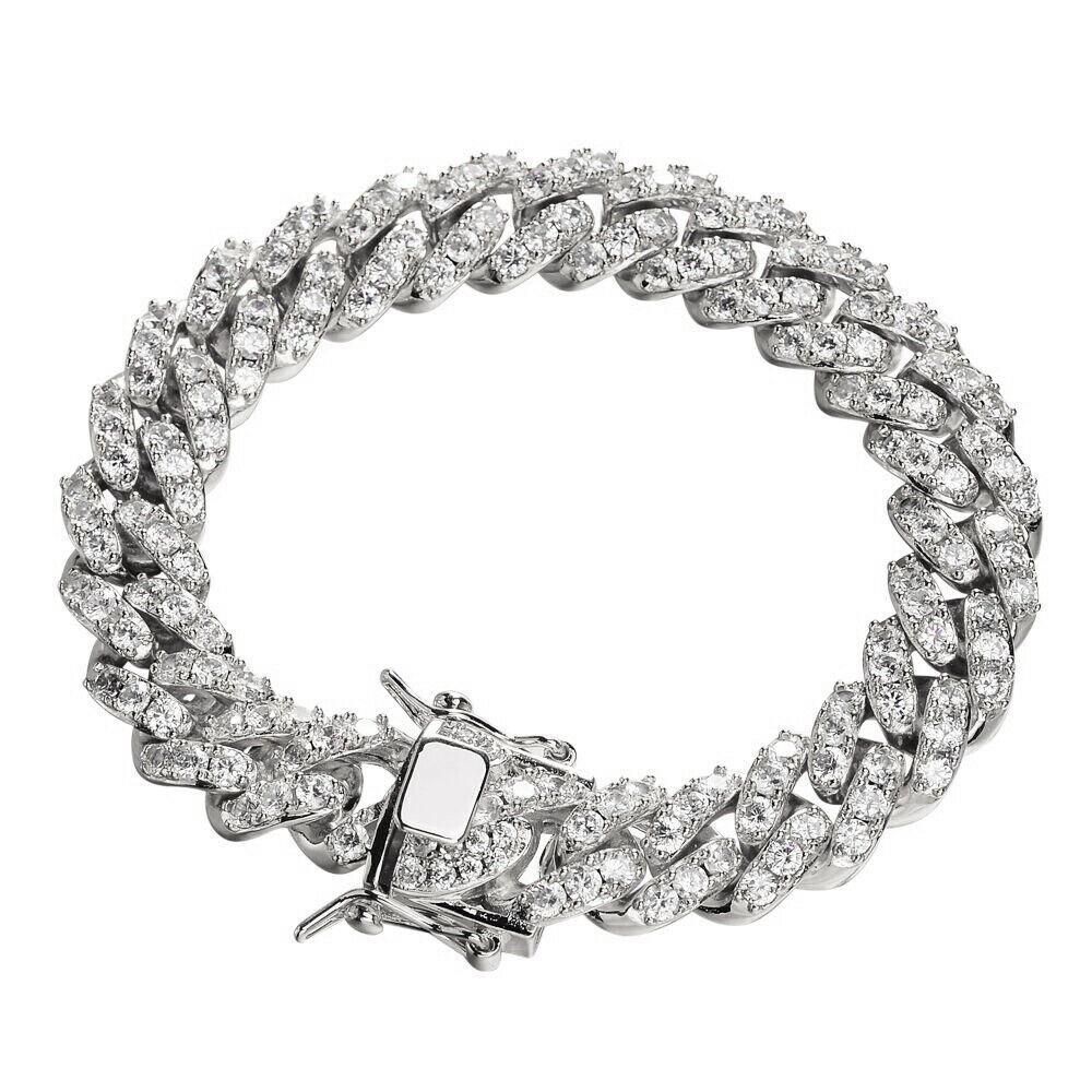 925 Silver Mens Miami Cuban Bracelet Real Iced Moissanite Passes Tester HEAVY