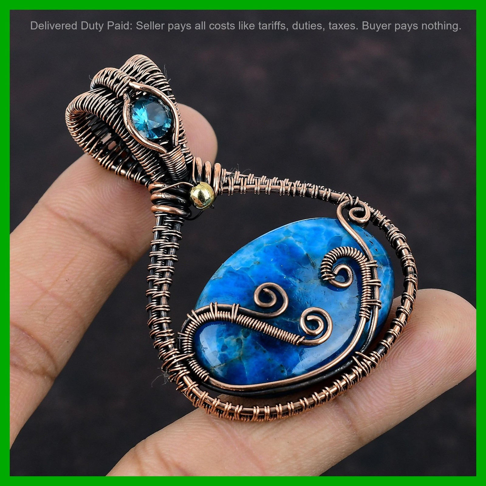 Copper Oval Neon Apatite Gemstone Swiss Blue Topaz Wire Wrapped Pendant Jewelry