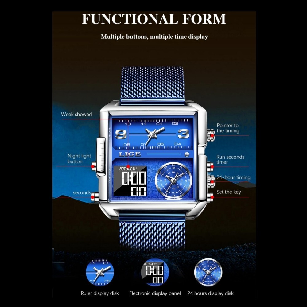 Fashion Men Watch Electrical Quartz Digital Week 3ATM Waterproof LED Wristwatch