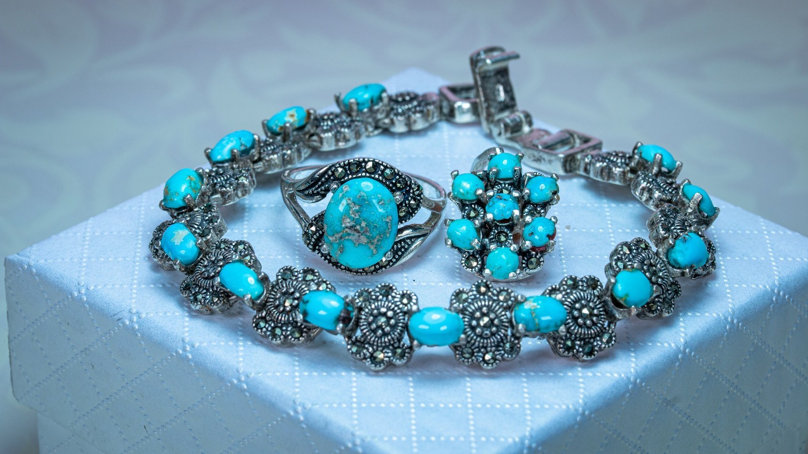 3Pc Jewelry Set for Women Ring Bracelet Necklace CZ Rhodium Persian Turquoise