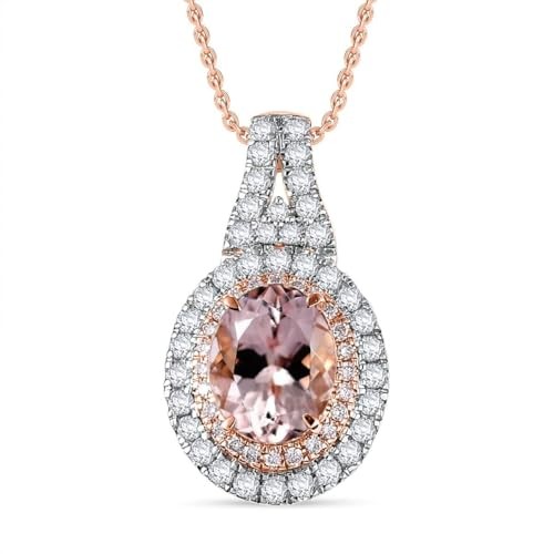 Pink Morganite G-H I2 Diamond 2.35 Double Halo Pendant Necklace 20 ” Rose Gold