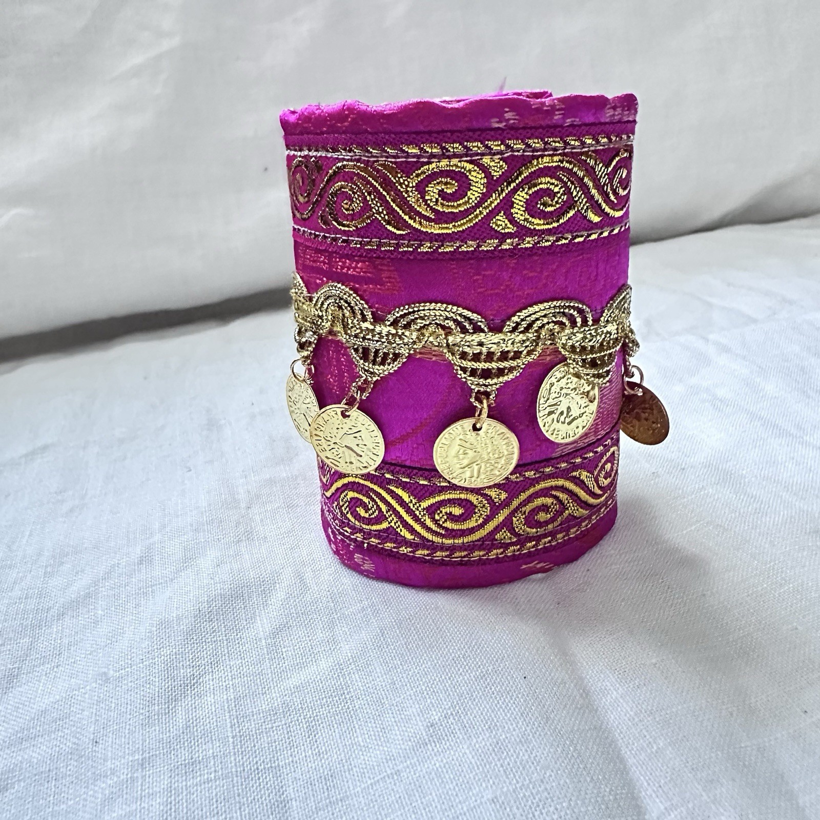 Artisan Fuchsia and Gold Coin Cuff Bracelet Adjustable Wrist Jewelry Art Signed
