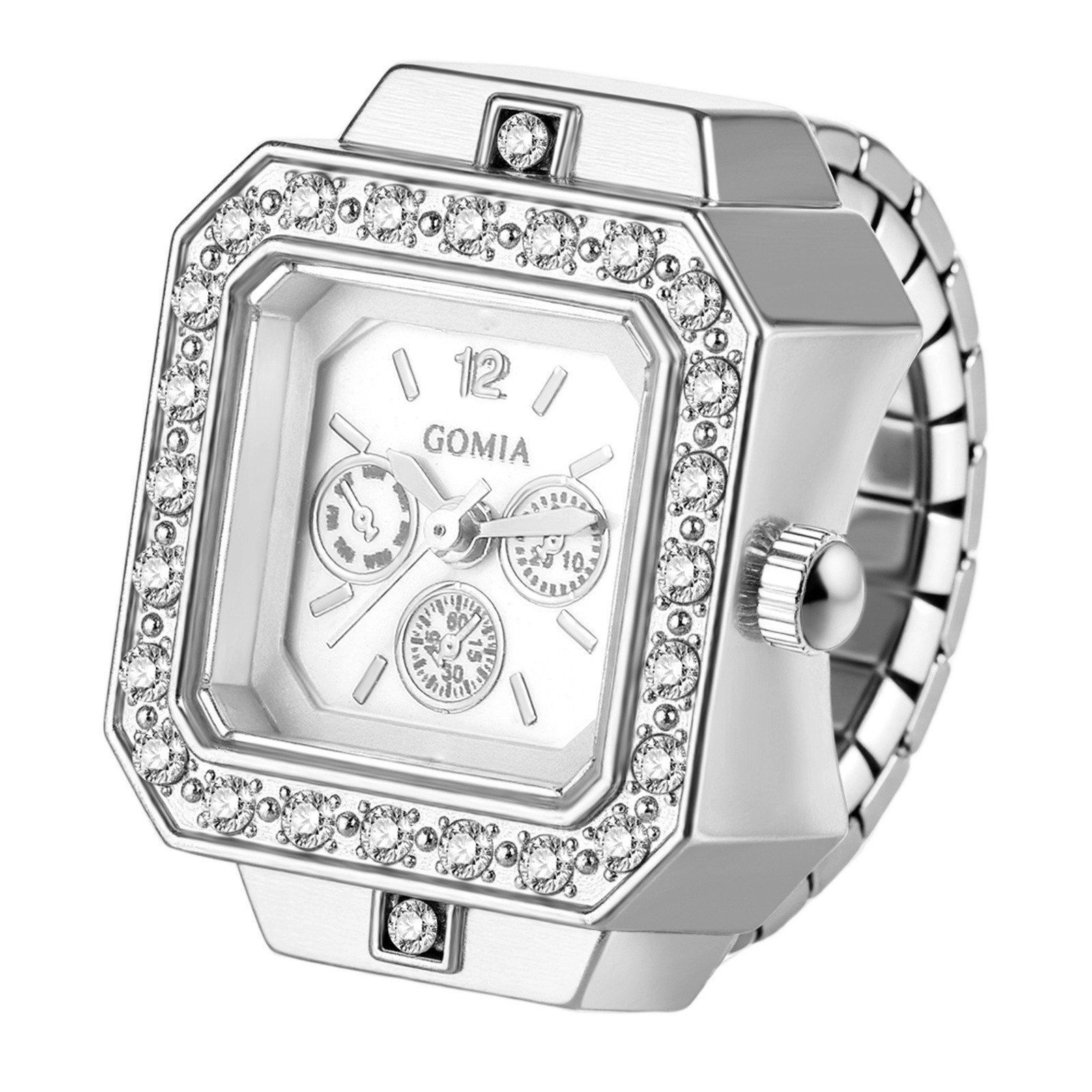 Bling Rhinestone Square Dial Elastic Finger Ring Quartz Watch Stretch Band