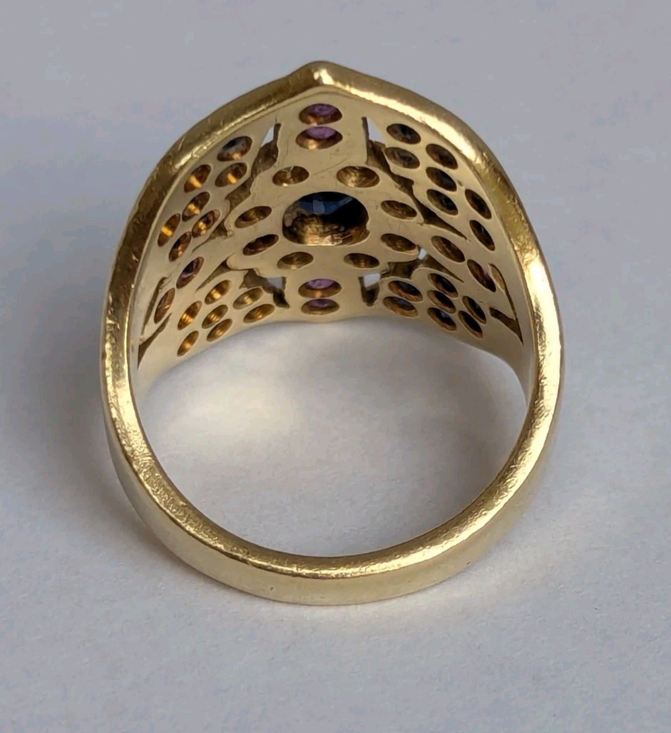 Vintage 18K Yellow Gold Multi-Gemstone Byzantine Etruscan Shield Ring 10.8g