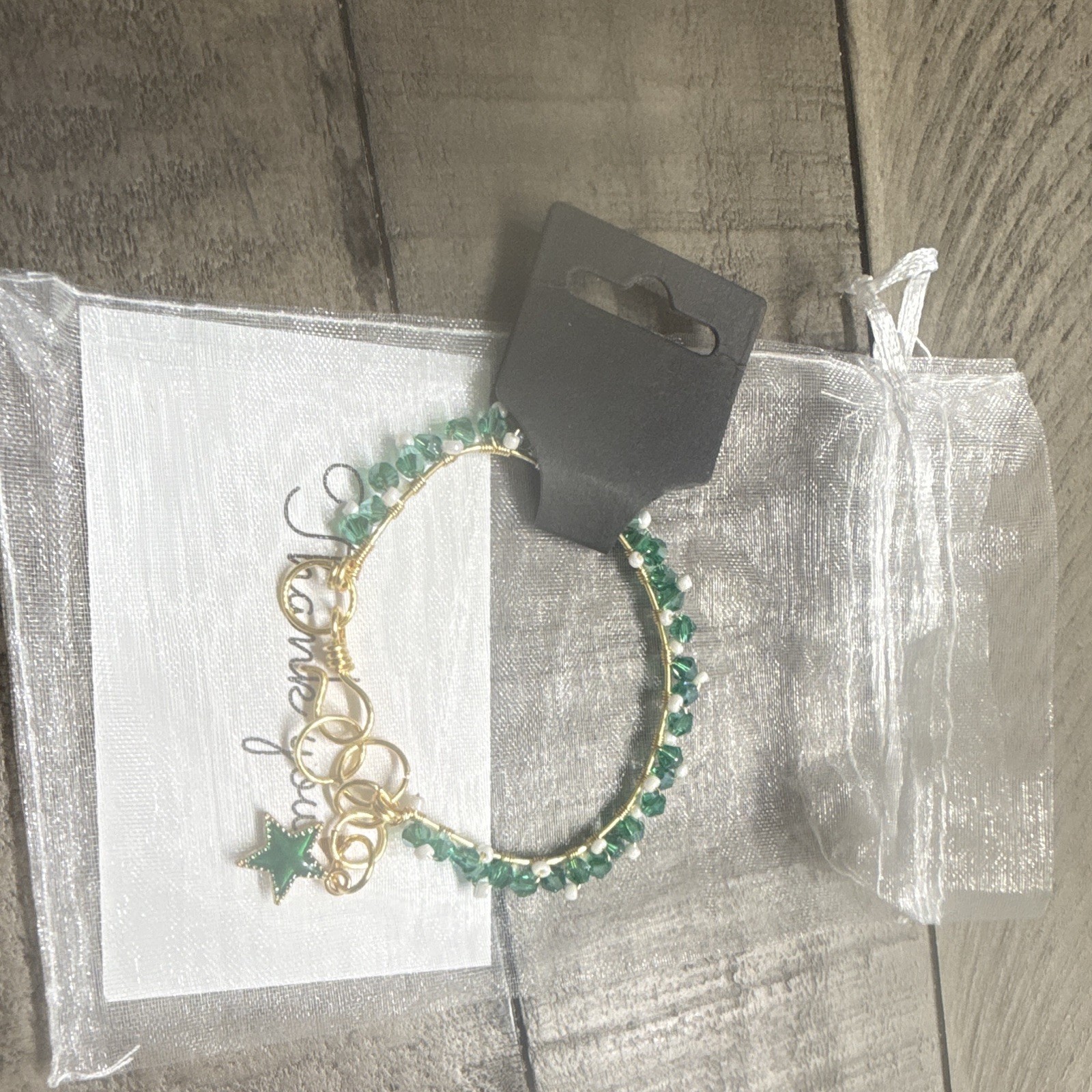 Gold Tone Wire Bangle Bracelet Green Crystal Bicone Beads Star Dangle Charm