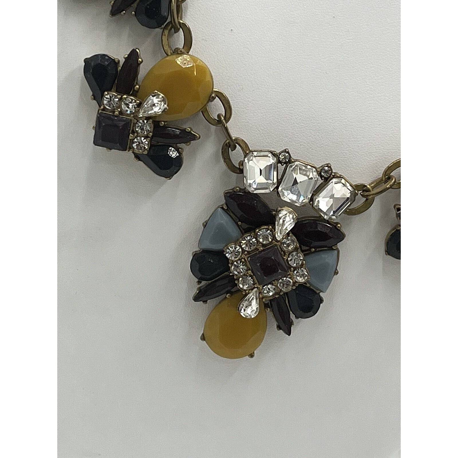J. Crew Mustard Yellow Blue Eggplant Antique Gold Rhinestone Statement Necklace