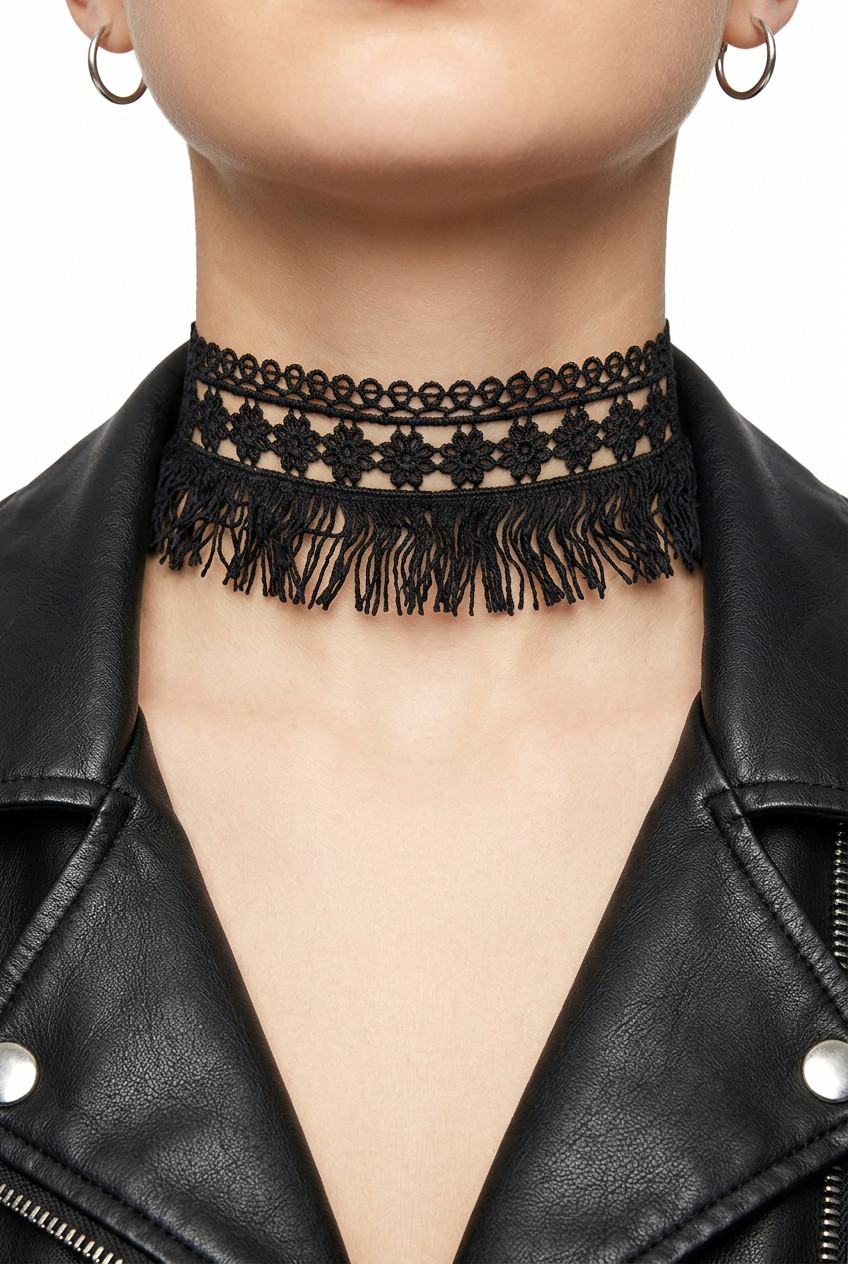 Women Young Fashion Choker Necklace Tassel Wide Black Lace Fabric Flower Fringes